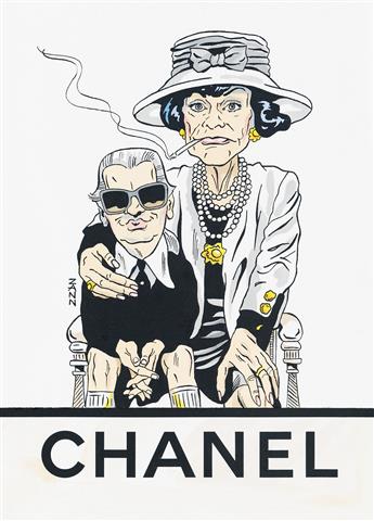 (FASHION / CARICATURE) NICKY ZANN. Karl Lagerfeld and Coco Chanel.